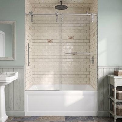 Porte de douche coulissante sans cadre pour baignoire, 142-152 cm (L) x 168 cm (H), verre trempé transparent de 8 mm (5/16 po) avec surface cristalline, nickel brossé