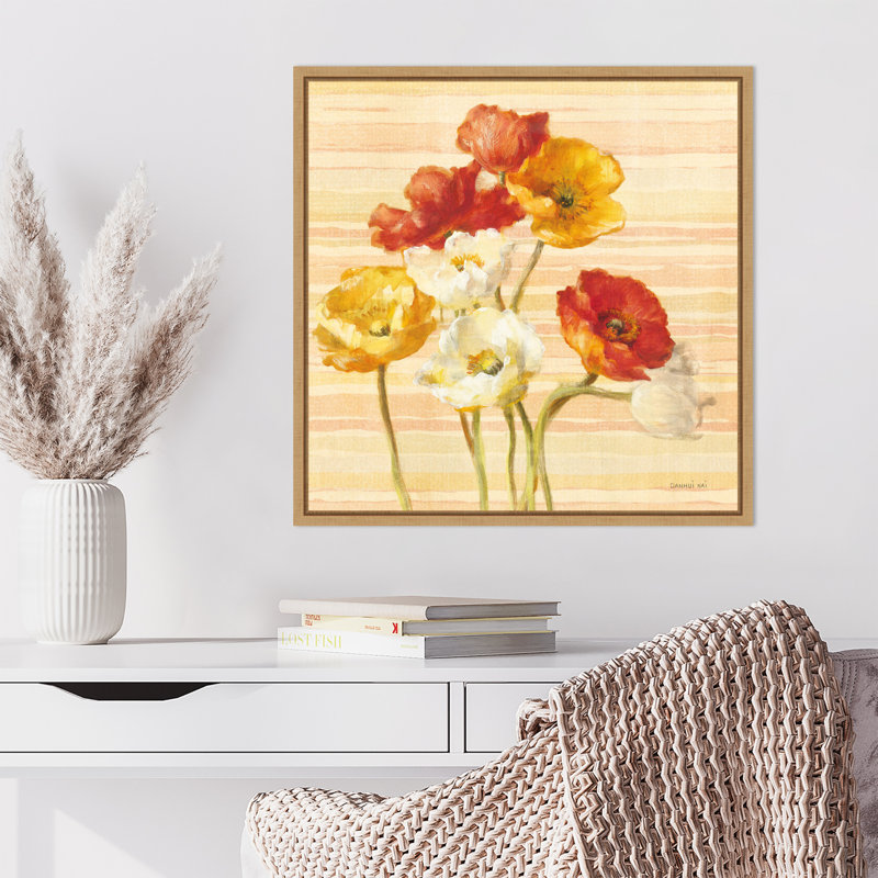 «Dancing Poppies on Stripes» par Danhui Nai, reproduction d'art sur toile encadrée, H 22 po x l 22 po