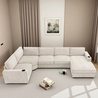 Canapé modulaire en forme de U 119 * 67 ", ensemble de canapé d'angle en chenille 6 places avec méridienne surdimensionnée, canapé d'angle irrégulier, siège profond et large avec porte-gobelets pour salon, appartement