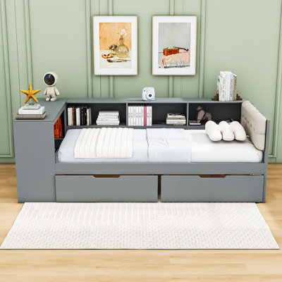Northup Two Drawers Wooden Bed with Charging Station and Shelves by Lark Manor