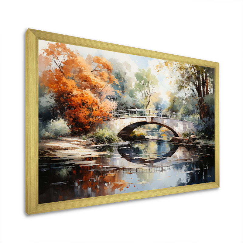 «Maahika Beige Bridge Impressionist Crossing An II», reproduction, H 16 po x l 32 po x P 1 po, Cadre doré à une seule photo