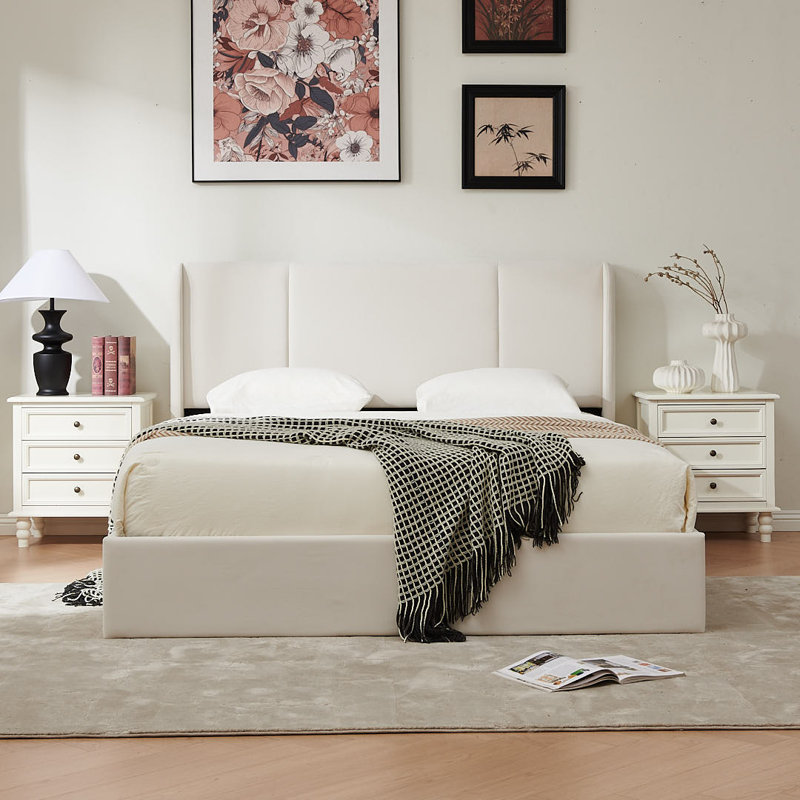 Coletti Hydraulic Lift Up Storage Wingback Upholstered Platform Bed, Queen, Off White