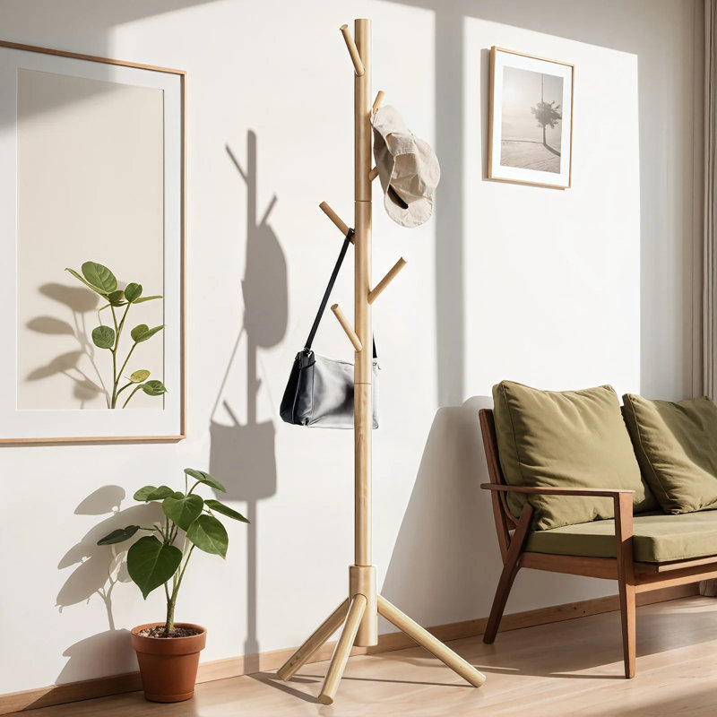Williamston 8 - Hook Coat Rack, Freestanding Adjustable Solid Wood Coat Rack, Small Space Friendly, Beige