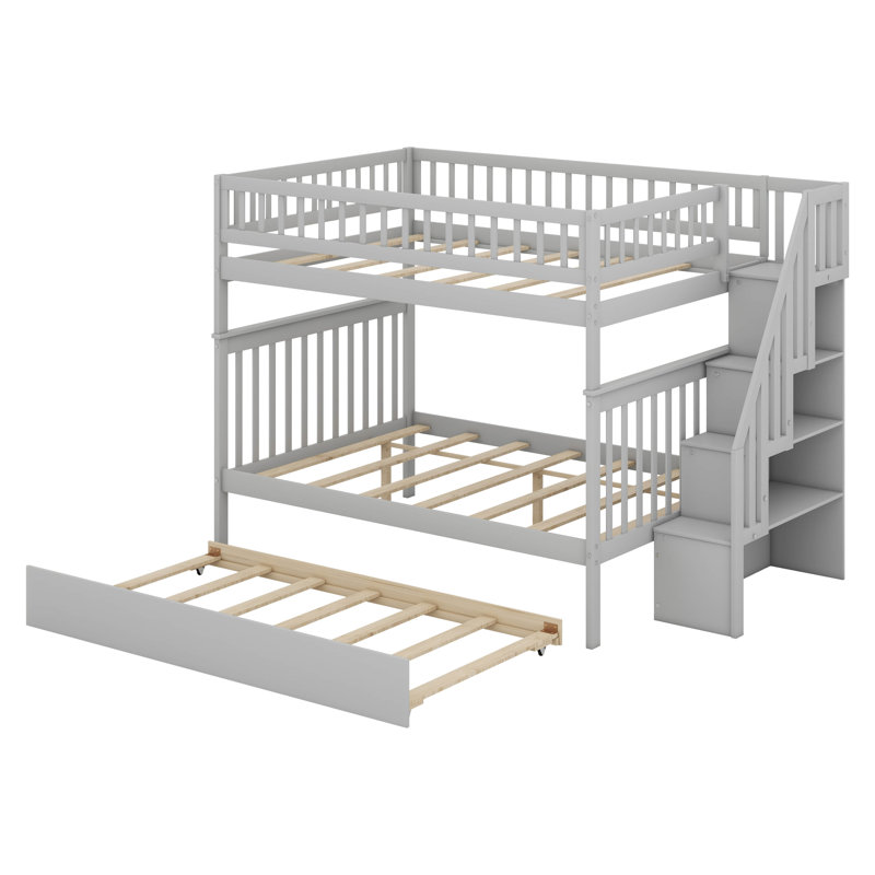 Lit superposé double en bois avec lit gigogne et escalier de rangement, Gris