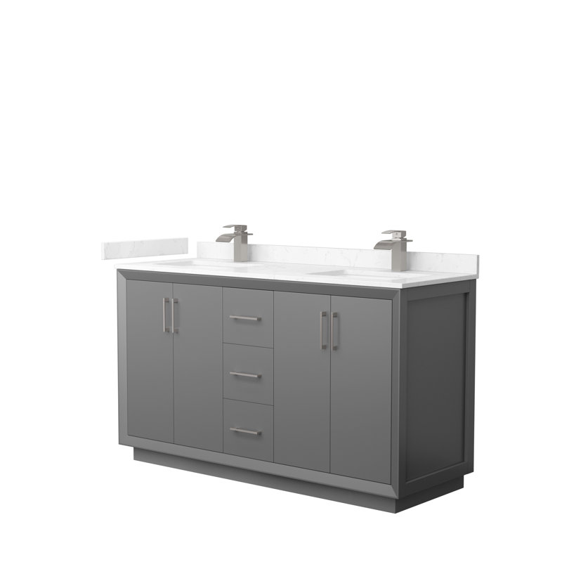 Ensemble de meuble-lavabo double 60 po Strada, Gris foncé, Nickel brossé, Marbre de culture de Carrare
