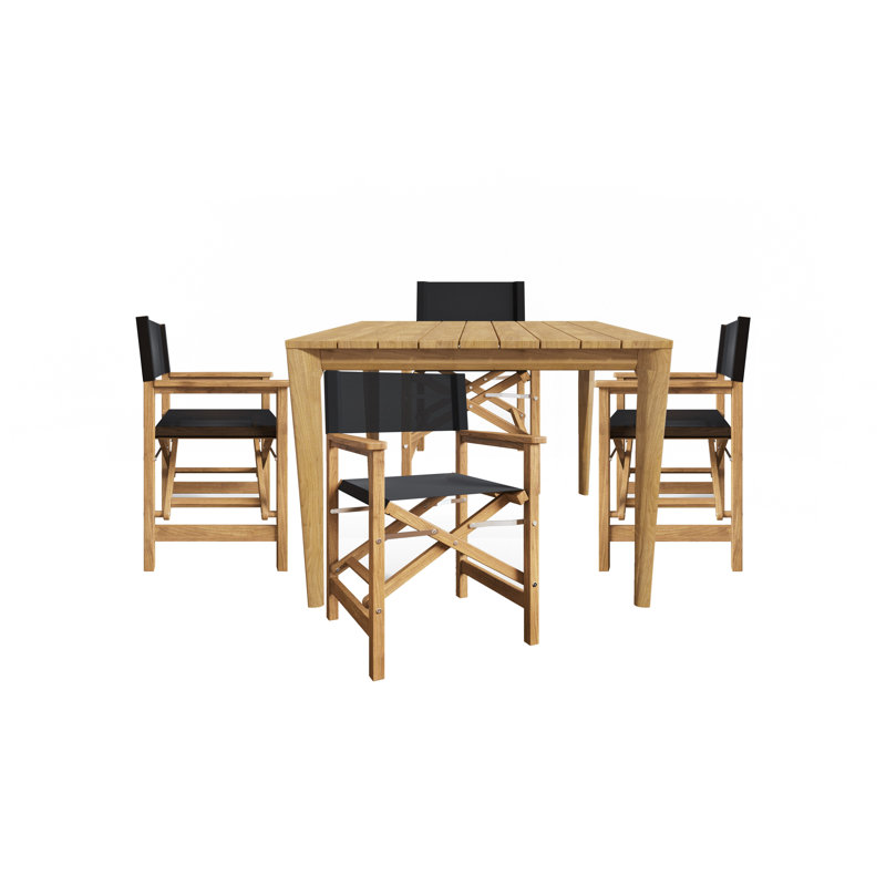 Ensemble repas d'extérieur carré en teck 5 pièces avec fauteuils pliants Ogbu, Noir