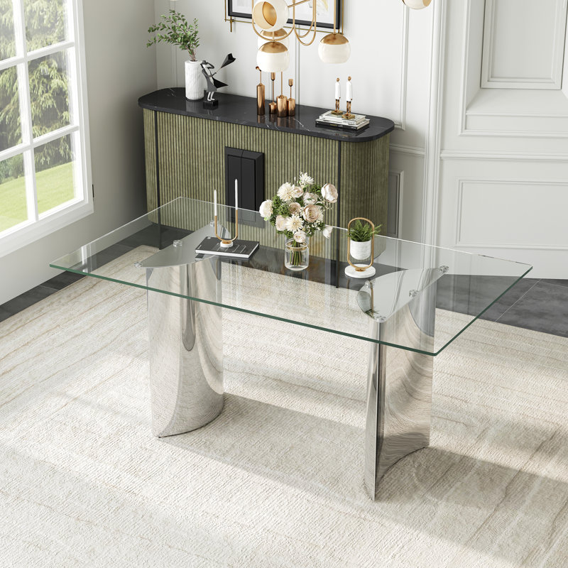 Modern Glass Dining Table Set, 63" Tempered Glass Top With PU Leather Upholstered Cantilever Chairs And Backrest Pull Ring