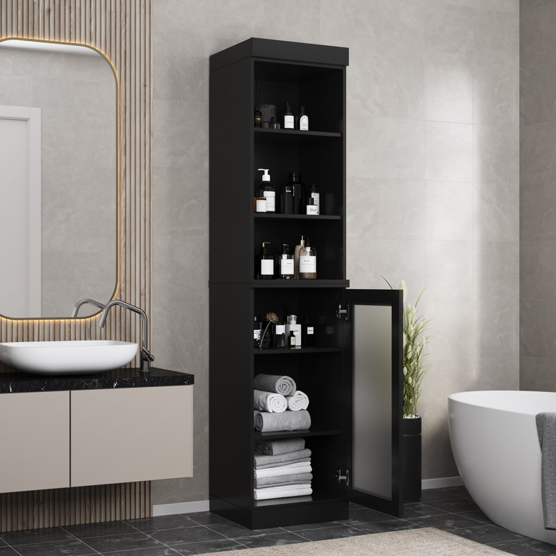 Armoire de rangement 100% bois massif 16,5 po avec portes en verre givré et tablettes réglables, Noir