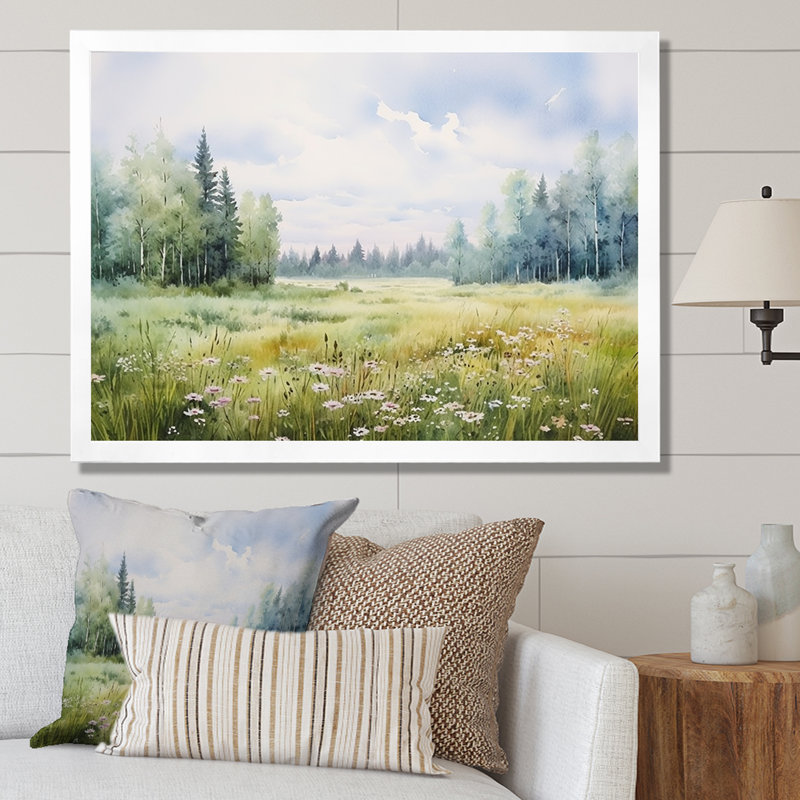 Meadow Scenery Minimalisme V - Art mural prairie, H 30 po x l 40 po x P 1,5 po, Cadre simple blanc