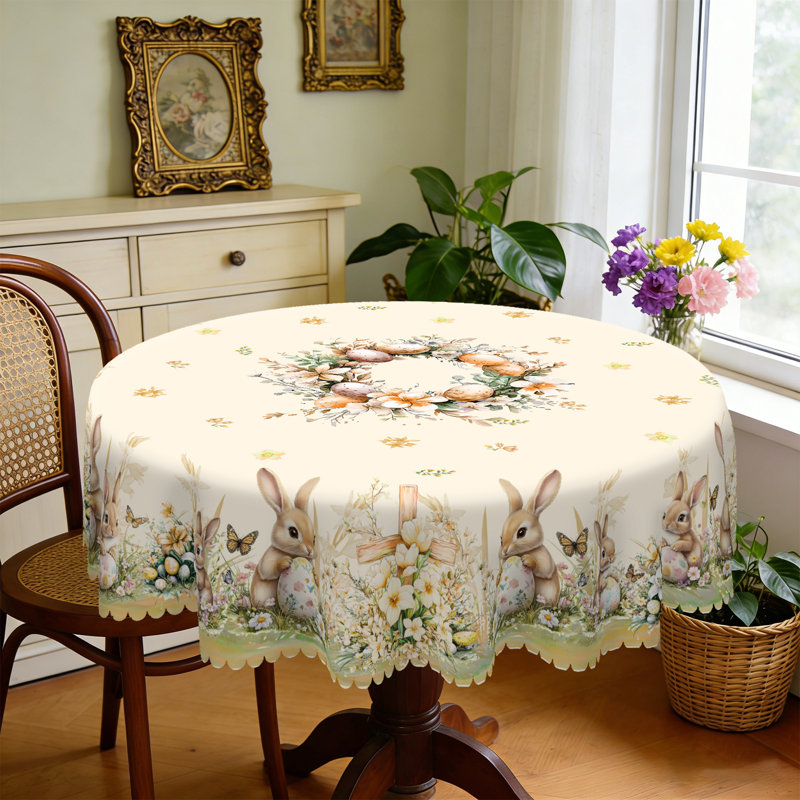 Rabbit Easter Egg Pattern Washable Polyester Tablecloth, 59.8" Round