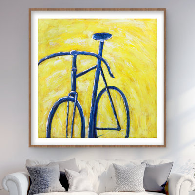 Vélo bleu sur fond jaune - impression encadrée moderne