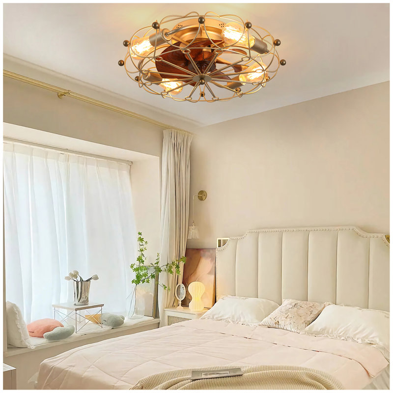 Low Profile Caged Ceiling Fan With Lights Remote Control, Embedded Modern Industrial Ceiling Fan, Gold