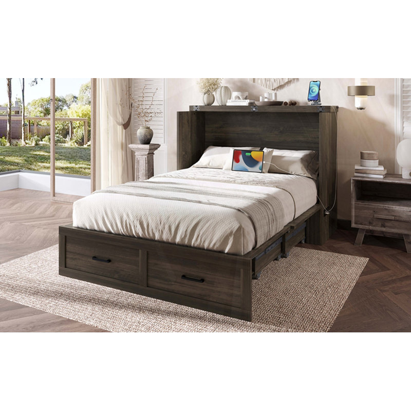 Lit plateforme multi-fonctionnel pliable avec tiroir, gris, Double