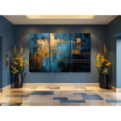 Art mural sur toile Triptych - Reproduction d'art sur toile Triptych abstraite de luxe - Peinture texturée bleue et dorée - Grande décoration murale moderne - Conception géométrique élégante, reproduction de peinture