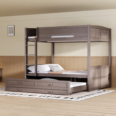 Queen Over Queen Bunk Bed with Trundle, 2 Storage Drawers, Solid Wood Slat Support, No Box Spring Needed, Antique Grey