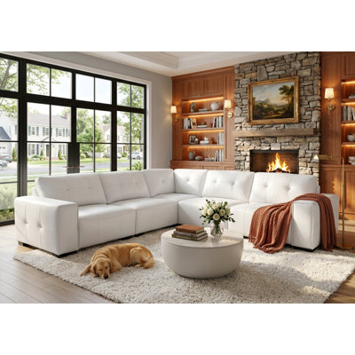 Contemporary White & Khaki Leather L-Shaped Sectional Sofa