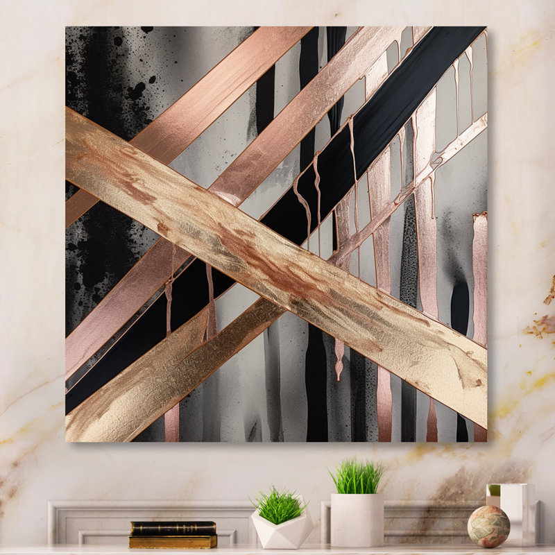 «Metallic Stripes And Circles III», reproduction sur toile abstraite en marbre, H 24 po x l 24 po x P 1 po, Toile tendue