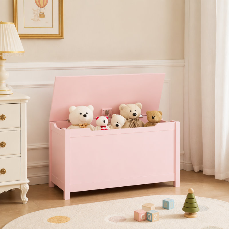 Boîte de rangement en bois pour enfants avec couvercle à charnière pour enfants de 2 ans et plus, Rose