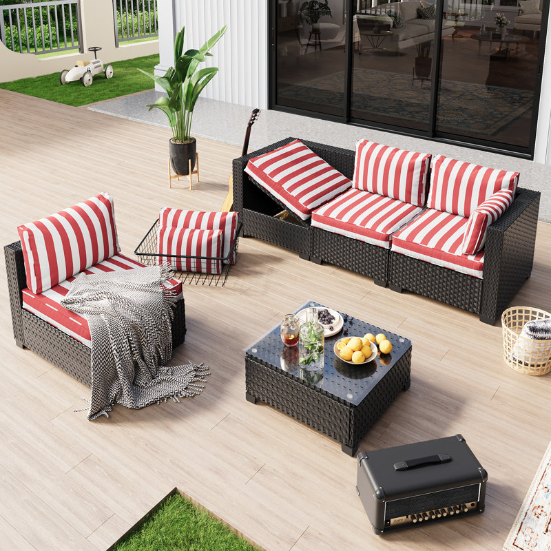 𝗣𝗿𝗲-𝗔𝘀𝘀𝗲𝗺𝗯𝗹𝗲𝗱 𝗖𝗵𝗮𝗶𝗿𝘀, 4-Person Patio Furniture Set Rattan Outdoor Sectional Conversation Sofa Seating Group With Propane Fire Pit Table