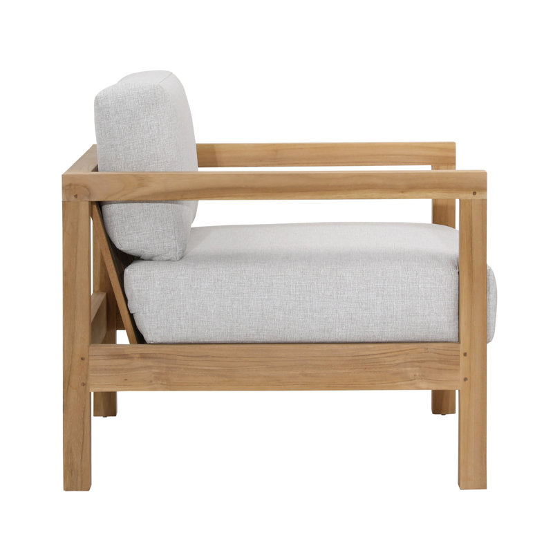 Boe Outdoor Olefin Upholstered Teak Wood Accent Chair, Light Grey