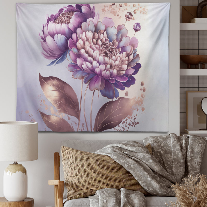 Tapisserie en polyester rose avec fleurs Zinnia II et punaises, H 32 po x l 39 po
