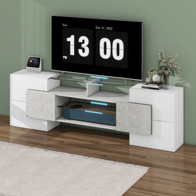 Meuble télé de forme unique avec 2 tablettes en verre illuminées, meuble télé polyvalent avec lumières DEL à changement de couleur