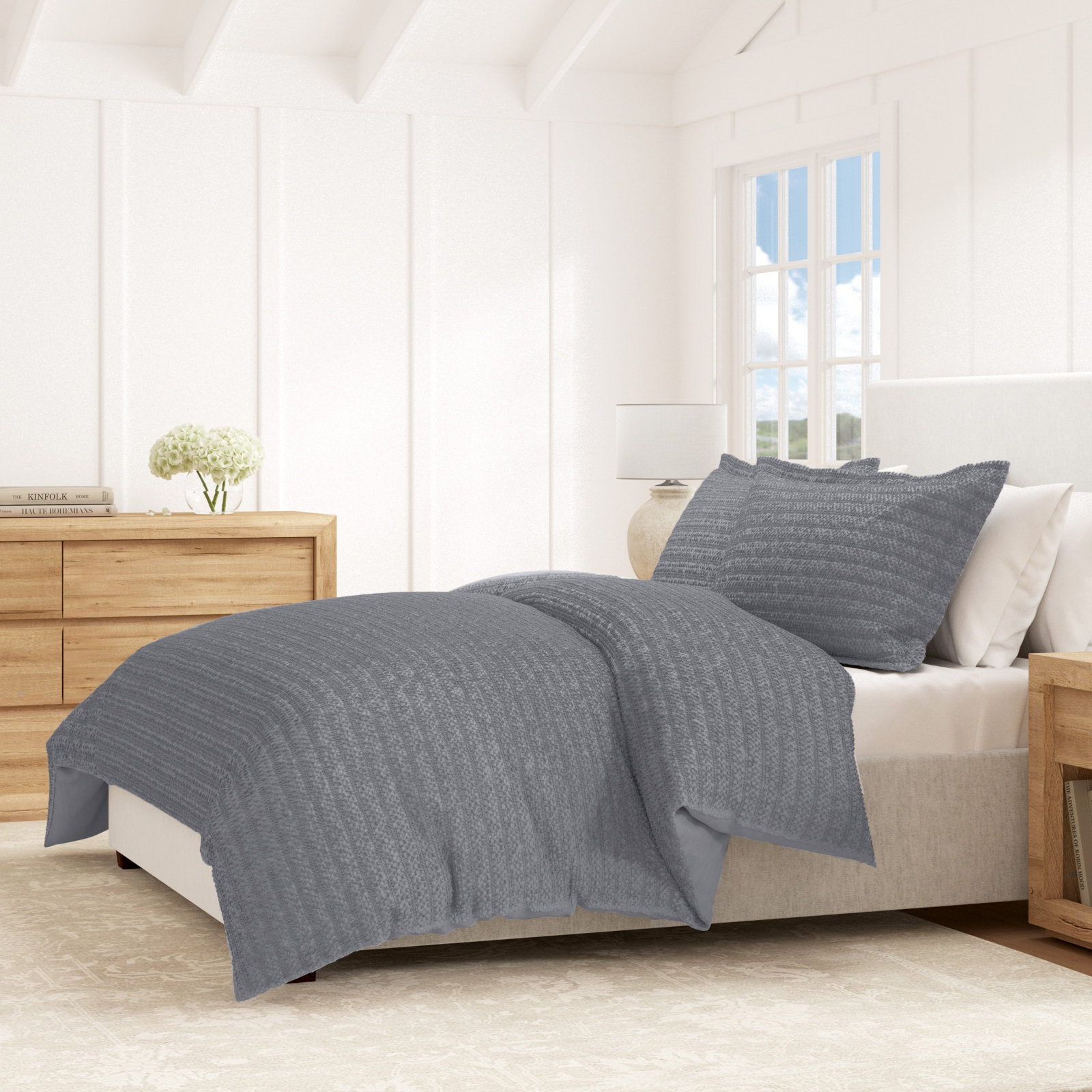 Waffle Cotton Duvet Cover Set, Full / Queen Duvet + 2 Shams, Denim Blue