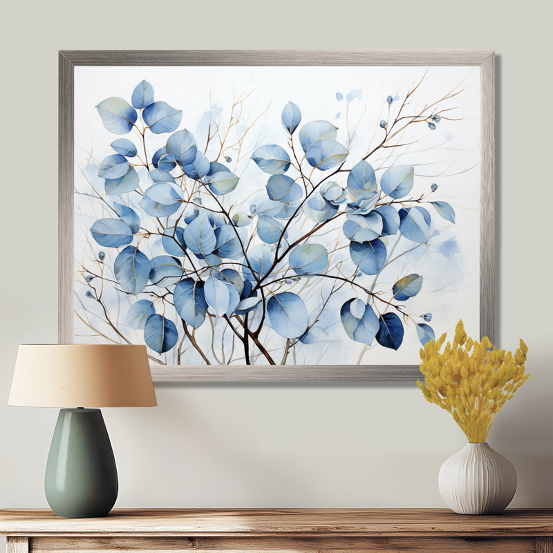 Art mural bleu et gris avec feuilles sur une branche III - feuilles, Cadre simple argenté, H 30 po x l 40 po x P 1,5 po