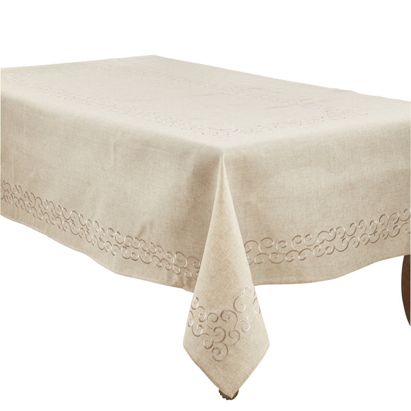 Natural Classic Embroidery Scroll Border Linen Blend Tablecloth 67" W X 67" L, 140" L x 67" D