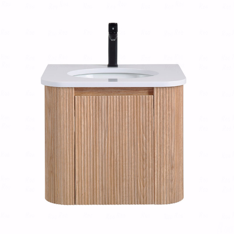 Meuble-lavabo mural avec lavabo au design incurvé, finition en bois à texture ondulée, marbre de culture intégré intégré, meuble-lavabo flottant moderne pré-assemblé avec tiroir à fermeture en douceur