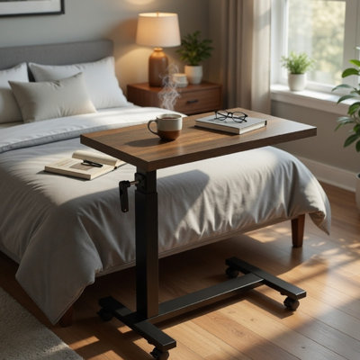 Park C-Shape Mobile Overbed Table, Steel Base, Dark Pine Brown 28-40 Inch