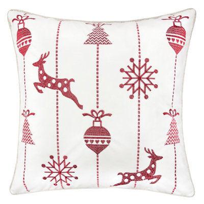 White Christmas Throw Pillow 20X20 With Red Embroidered Reindeer And Snowflakes