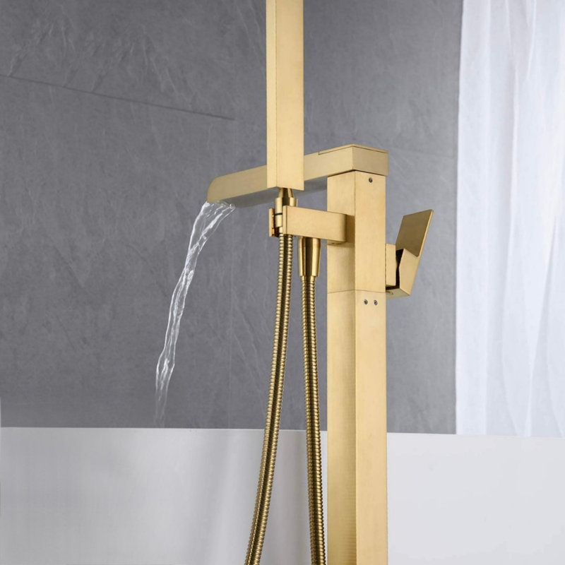 Bathroom Freestanding Waterfall Tub filler , Floor Mount Faucet with Hand Shower, Brushed Gold