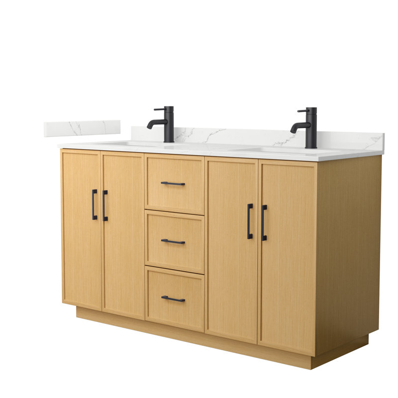 Meuble-lavabo double autoportant 60 po avec plateau en quartz Elan TK, Quartz Giotto, Beige, Noir mat