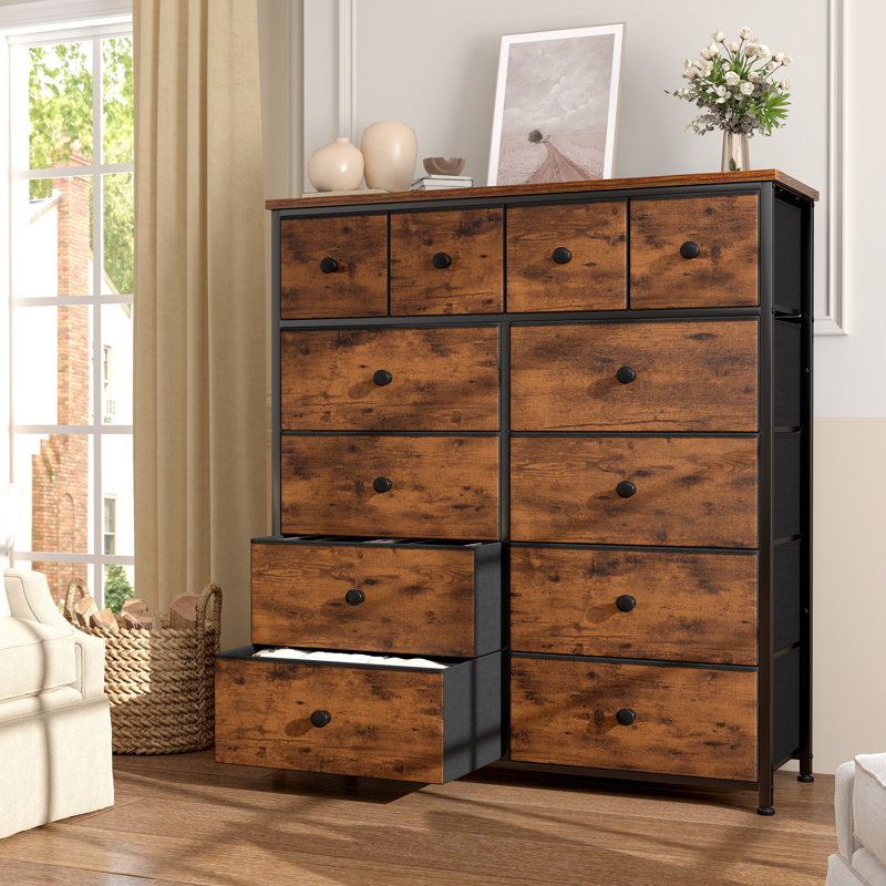 Pekka Dresser for Bedroom with 12 Spacious Storage Drawers, Dressers with Wooden Top and Metal Frame, Rustic Brown