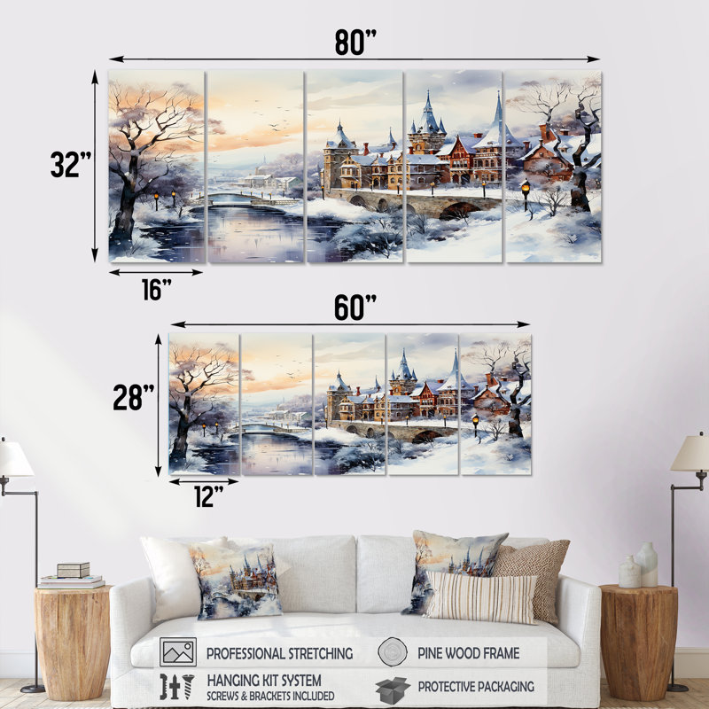 «Wonderful Village Winter At Christmas II - Winter Landscape», art mural 5 pièces, H 32 po x l 80 po