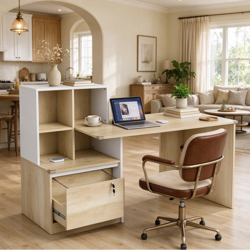 Oak Effect Home Office Desk with Hanging File Holder & Open Bookshelf, Compact Study Workstation
