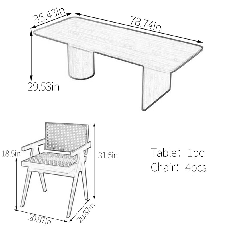 Ensemble de table de salle à manger entièrement en bois de frêne massif, H 29,53 po x L 78,74 po x l 35,43 po