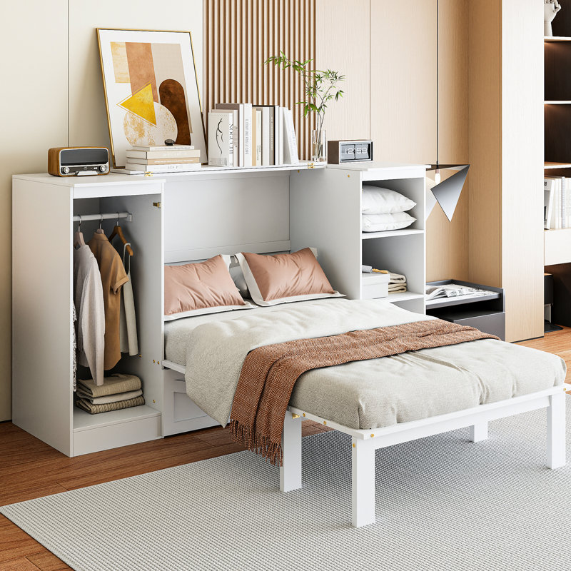 Lit simple blanc avec tablettes et garde-robe - Pièce de rangement longue durée facile à assembler