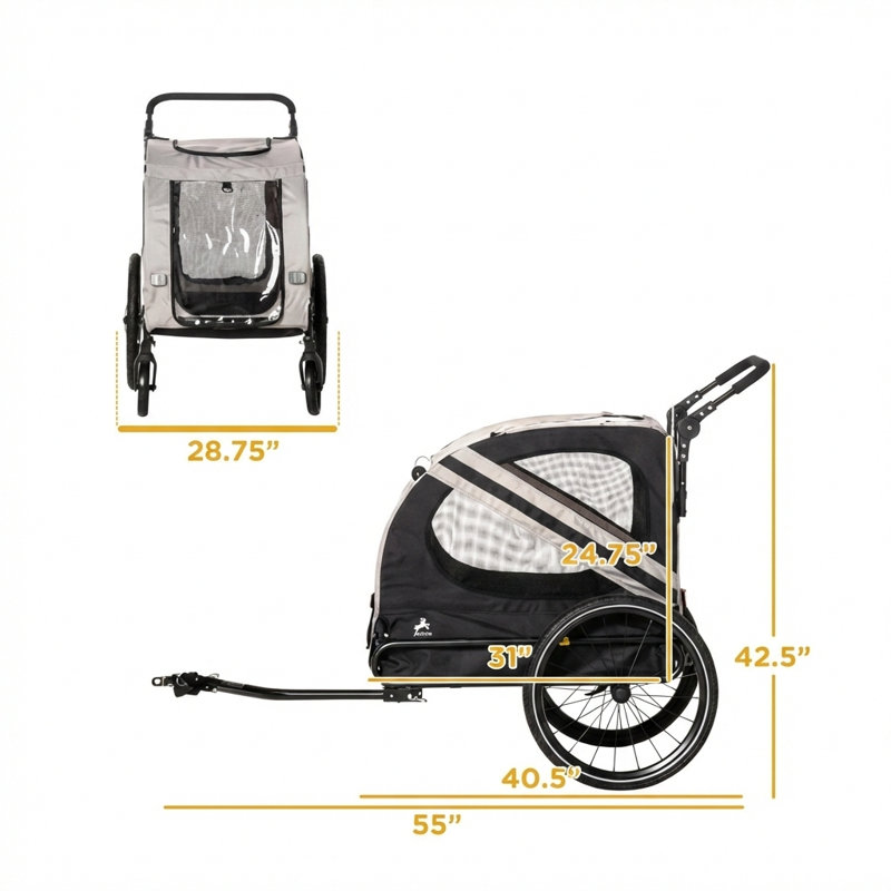 Porte-animal hybride fonctionnant à la fois comme poussette pour chien et comme remorque à vélo