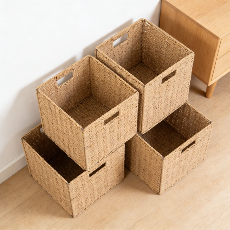 Foldable Storage Cube Bins Set Of 4, Hand-Woven Paper Basket Organizers With Sturdy Frame For Shelves, Closet, Home Office And Living Room