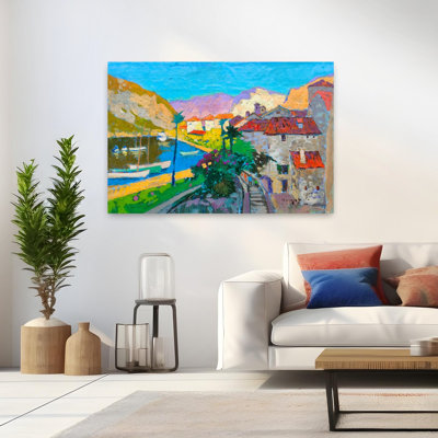 Art contemporain, paysage côtier serein, vibrant et coloré