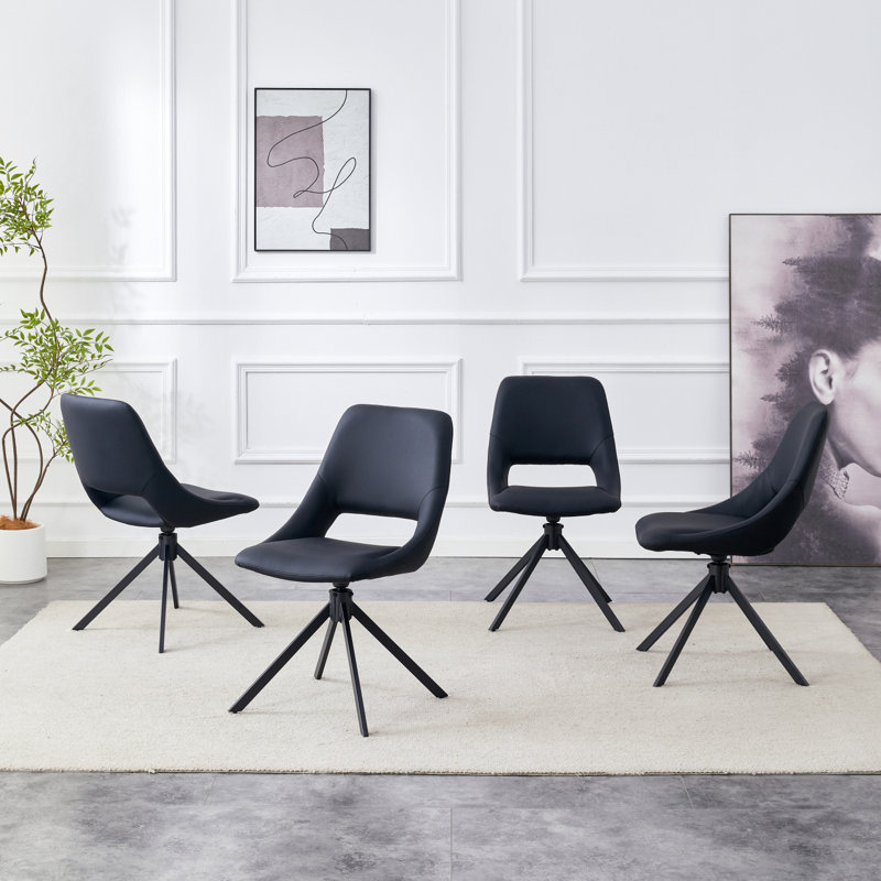 Set Of 4 Black Metal Swivel Dining Chairs With Scratch-Resistant Leather And High Back | Gift Idea, 4, Black
