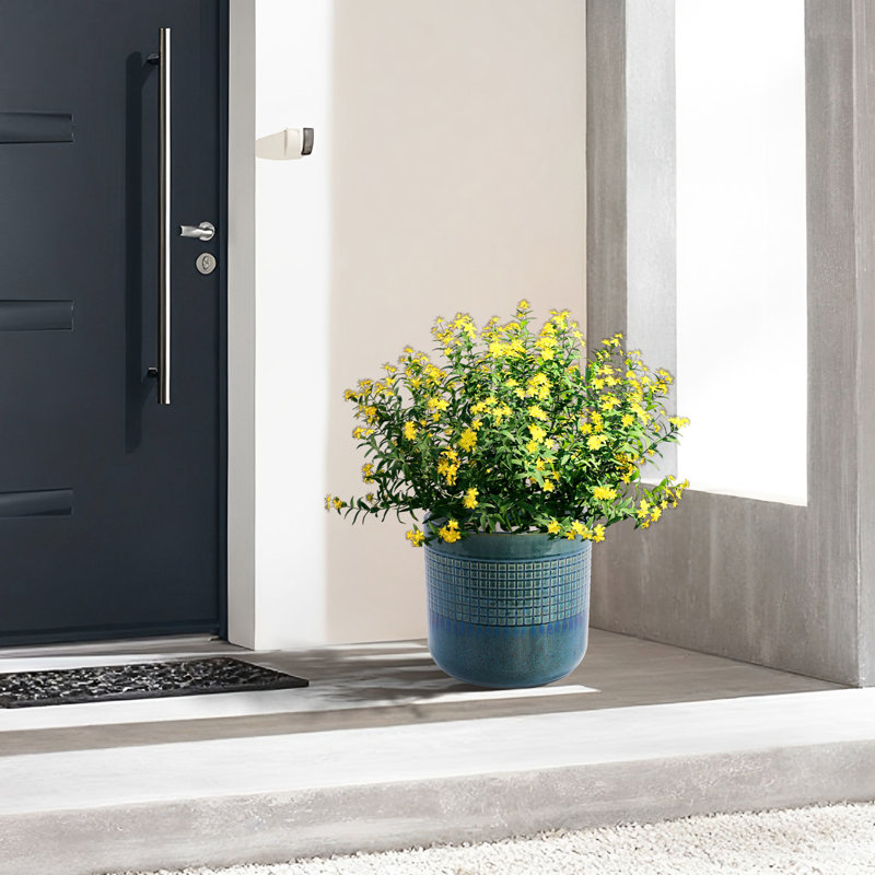 3 Blue Grid Ceramic Planters For Patio, Windowsill And Indoor Use - Long-Lasting, Frost- Drainage Hole 3 Flowerpots In Various Spaces Frost-, Weather- Feature