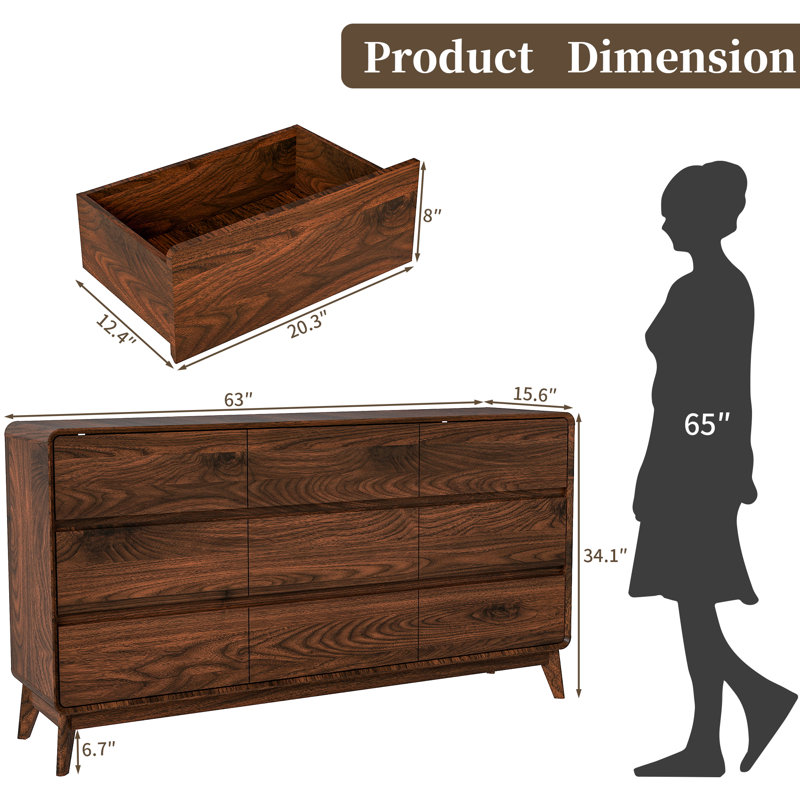 63"W Wood 9 - Drawers Dresser, Brown