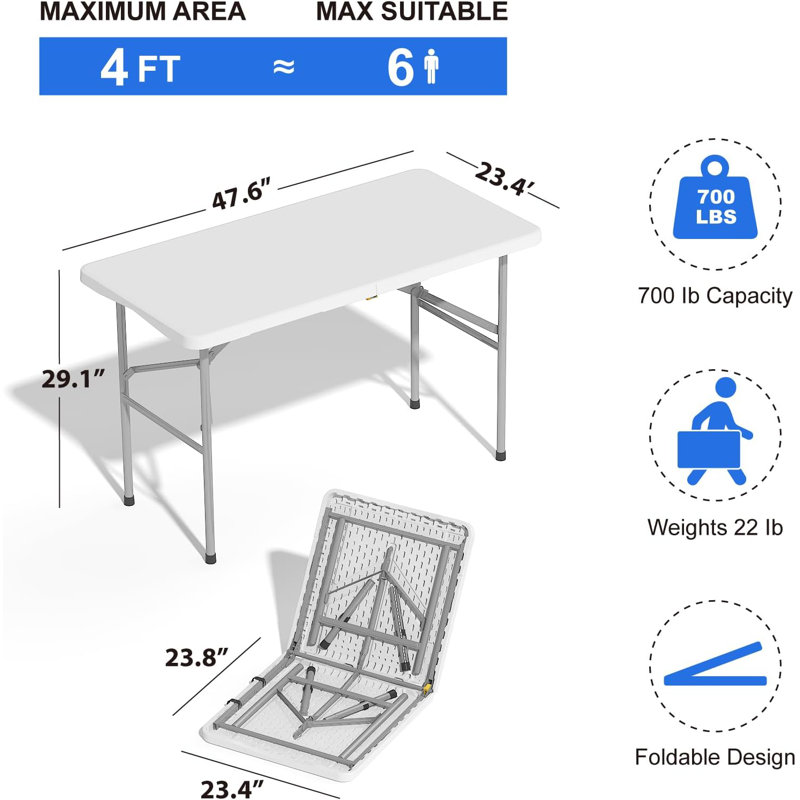 Table pliante en plastique de 47,6 po, tables de salle à manger robustes portables avec fonction de verrouillage et poignée de transport