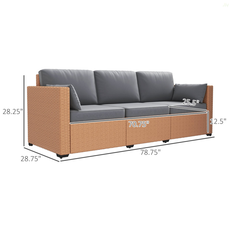 Outsunny Wicker Patio Couch, PE Rattan 3-Seat Sofa, Outdoor Furniture With Deep Seating, Cushions, Steel Frame, Sand, Brown