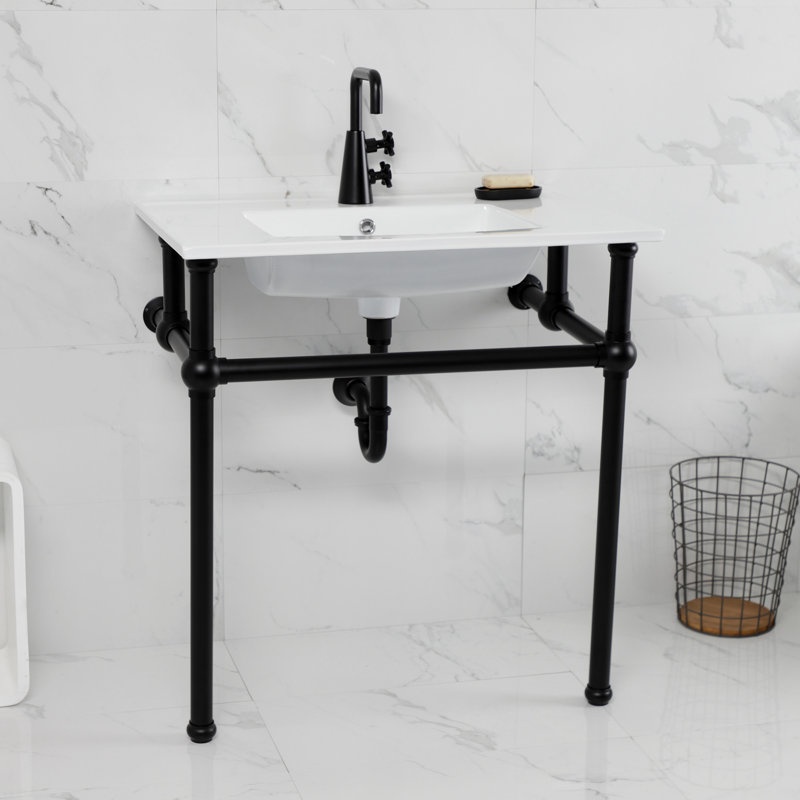 Kingston Brass Templeton 31-Inch Ceramic Console Sink with Brass Legs (1-Hole), White/Matte Black