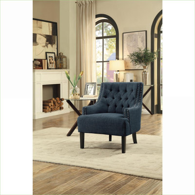 Chaise d'appoint moderne et traditionnelle capitonnée à boutons, revêtement en tissu texturé bleu marine, structure en bois massif, sièges de salon pour adultes, 1 pièce