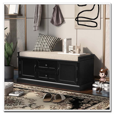 Storage Bench with 2 Drawers and 2 Cabinets, Removable Velvet Cushion